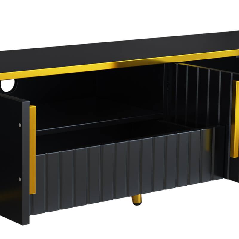 Elegant 79-Inch TV Stand with Ample Storage, Golden Elements, and Sleek Design - Ideal for Large Living Spaces.