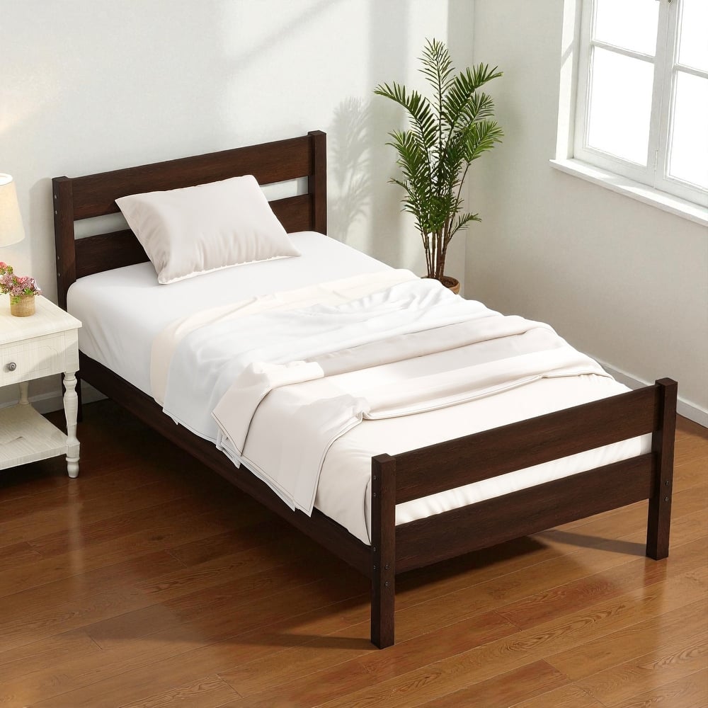 Twin Bed with Headboard and Footboard, Solid Rubber Wood Frame with Under-Bed Storage and Durable Slat Support