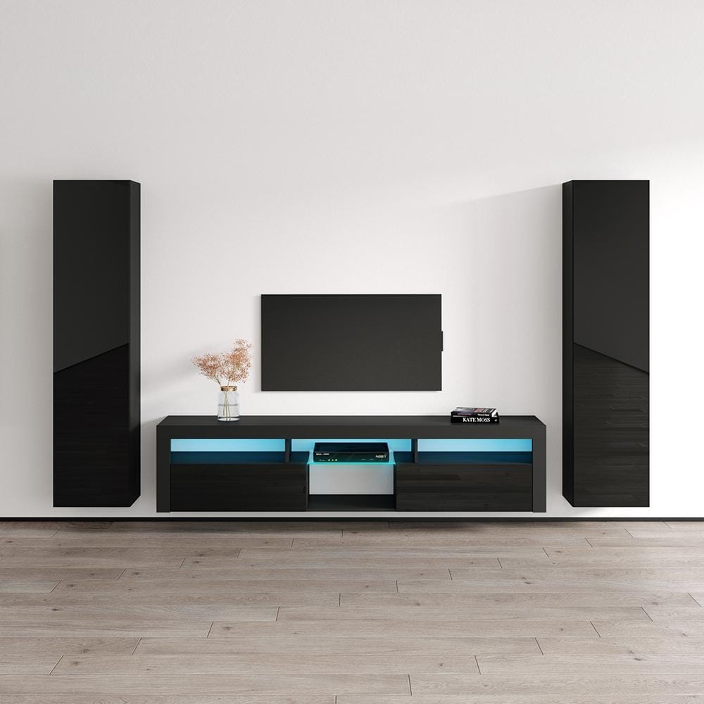 Meble Furniture Bari 200 Floating Entertainment Center Wall Unit for up to 90" TVs 110.3"W x 66.9"H x 13.8"D High Gloss