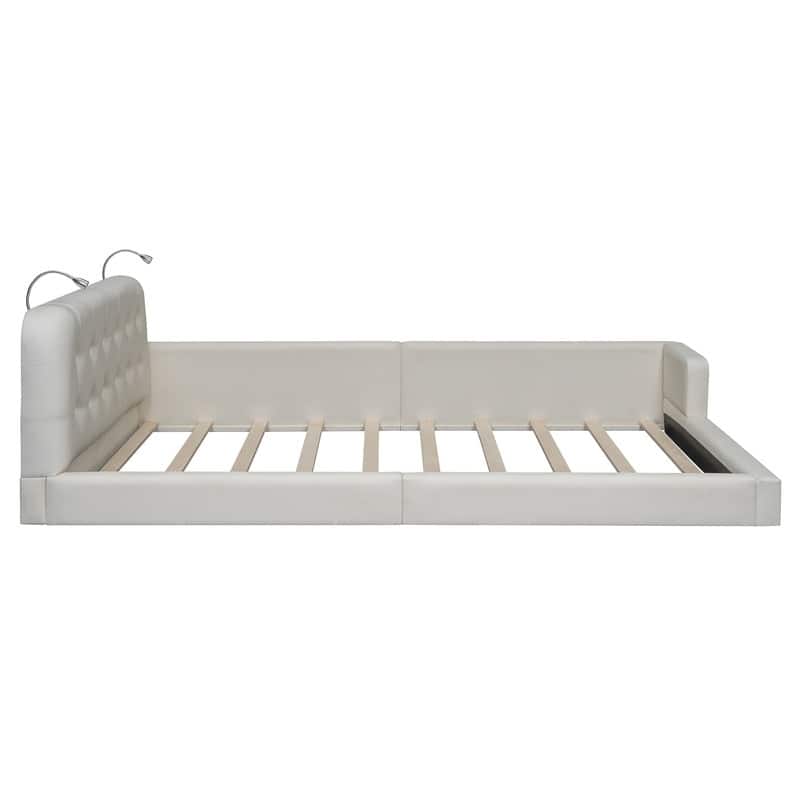 Queen Size Upholstered Platform Bed with 2 Bedside Lights on Headboard, Semi-Open Design PU Leather Floor Bed Frame