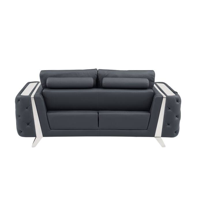HomeRoots 72" Dark Gray And Silver Genuine Leather Loveseat