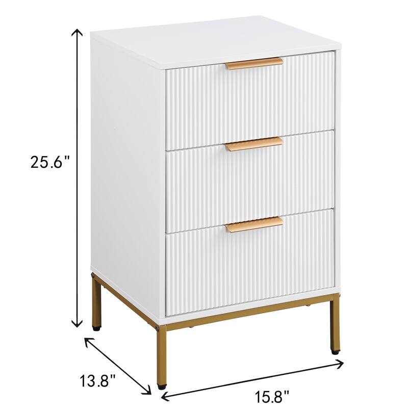 Mid-Century Modern Nightstand with 3 Wavy Drawers, Gold Metal Legs & Handles, White Bedside End Table for Bedroom or Living Room