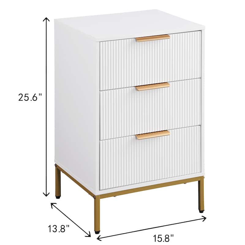 Nightstand with 3 Drawers, Sofa Side Table with Metal Handles & Legs, Wavy Drawer Panels Storage Table for Bedroom