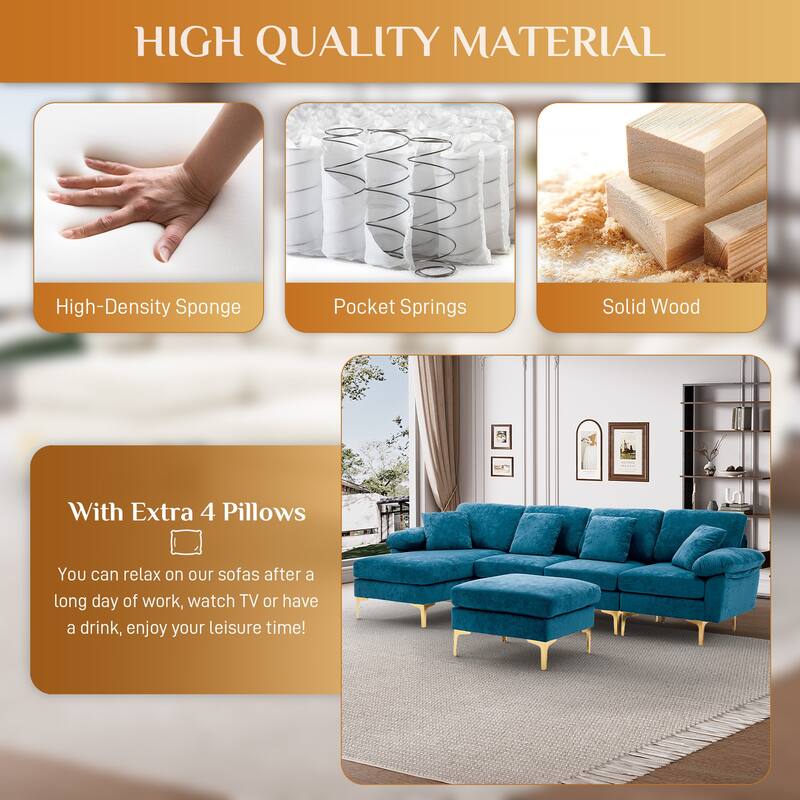 110" Upholstered Velvet U-shaped Sectional Sofa With Chaise Lounge & Ottoman