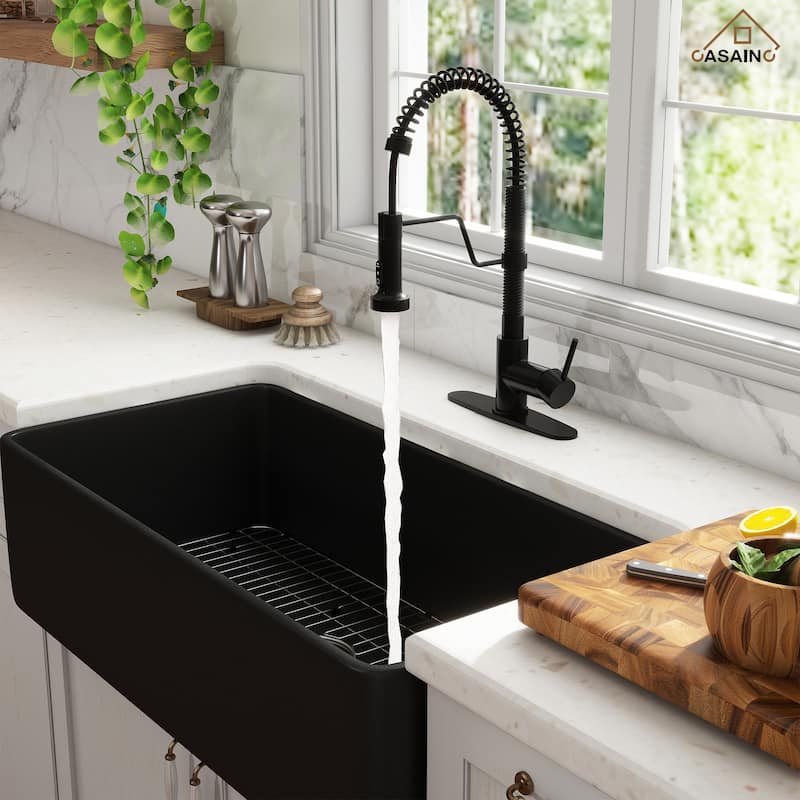 Farmhouse/Apron-Front Single Bowl Fireclay Kitchen Sink with 3-Function Pull-Down Faucet, Bottom Grid, and Basket Strainer