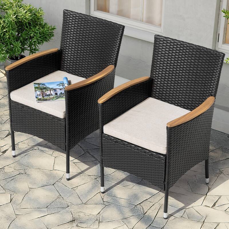 All Weather Wicker Patio Chairs Set of 2 with Cushions, Acacia Armrests