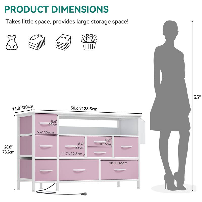 Moasis 50"W 9-drawer Fabric Dresser, Media Console, TV Stand with Outlets, RGB Lights
