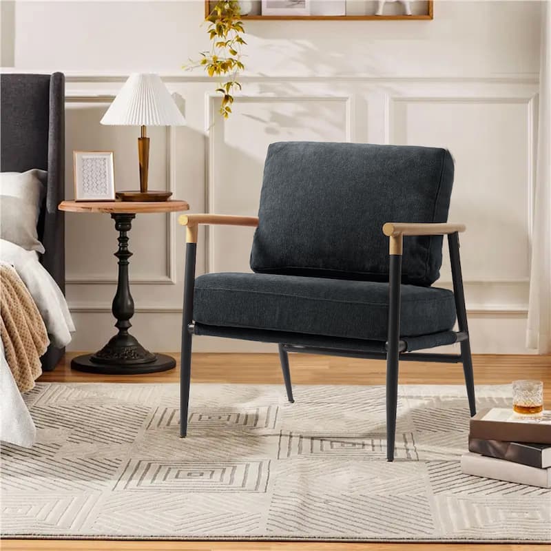 Modern Industrial Metal Frame Upholstered Accent Chair Armchair - 1 SET - Black Chenille