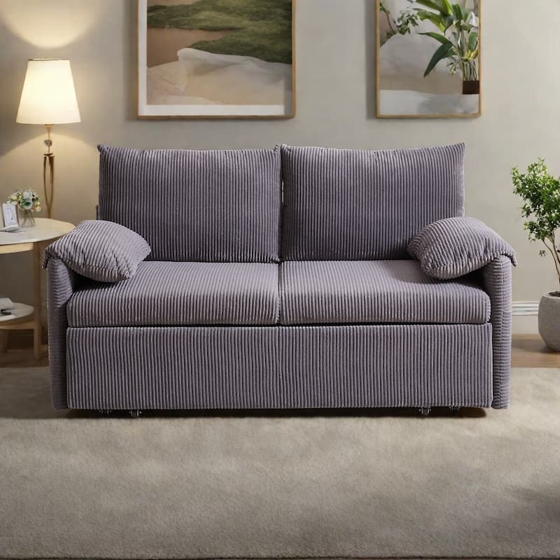 65" Corduroy 3-in-1 2-Seater Sleeper Sofa with Loveseat Side Storage Pocket, High-Density Sponge Cushions - Grey