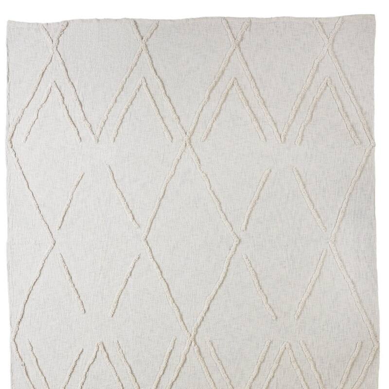 Ivory Geometric King Cotton Coverlet With Fringe