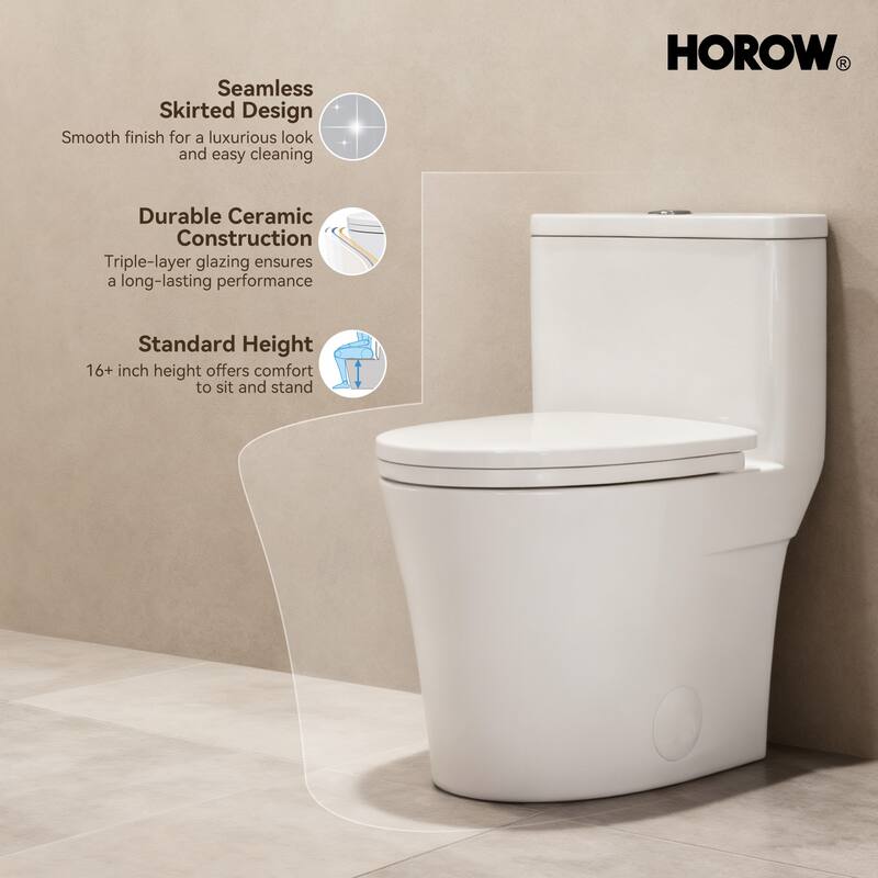 HOROW One Piece Dual Flush Elongated Toilet in White Skirted Design 12 Inch Rough In with Seat Included - N/A
