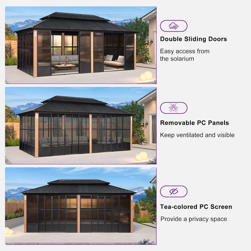 PURPLE LEAF Double Top Outdoor Sunroom Screen House Patio Hardtop Gazebo