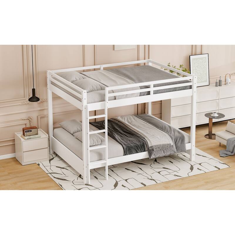 Queen Size White Wood Bunk Bed with Ladder, Space-Saving Design