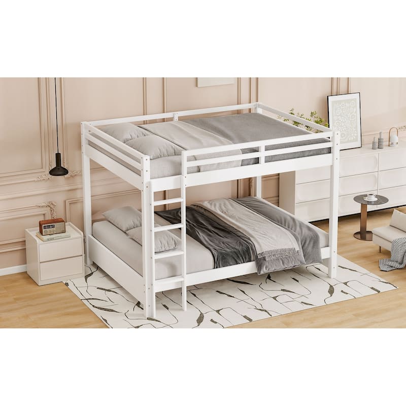 Wood Queen Size Bunk Bed with Ladder and Guardrails, No Box Spring Required
