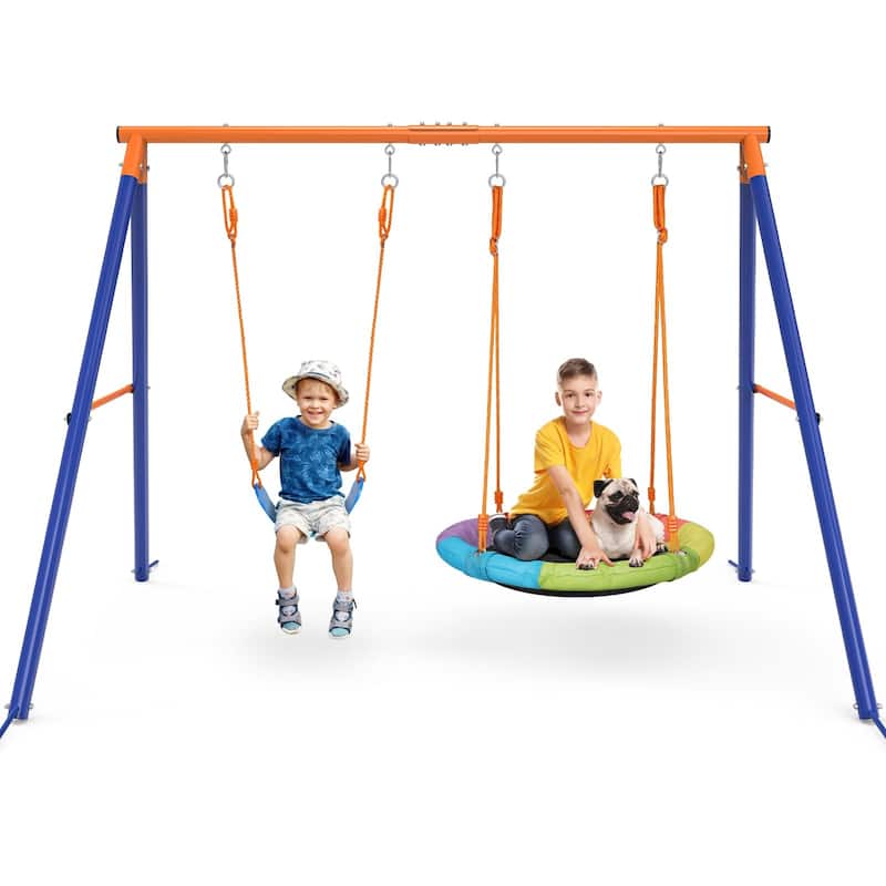 Swing Set with Stand for Kids Heavy-duty Metal A-Frame Outdoor - 86.6 X 68.5 X 72.1 in - Blue & Orange - 86.6  X 68.5 X 72.1 in - Kids - Swing Set