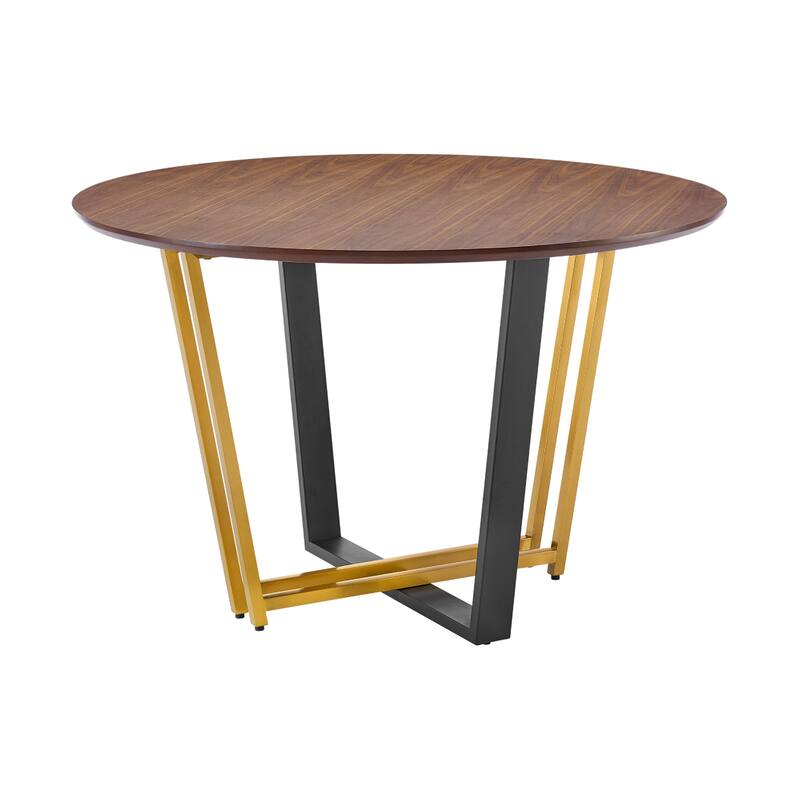 Leyne 48 Inch Round Dining Table, Gold Steel and Black Iron, Walnut Veneer - Walnut Brown, Black, Gold