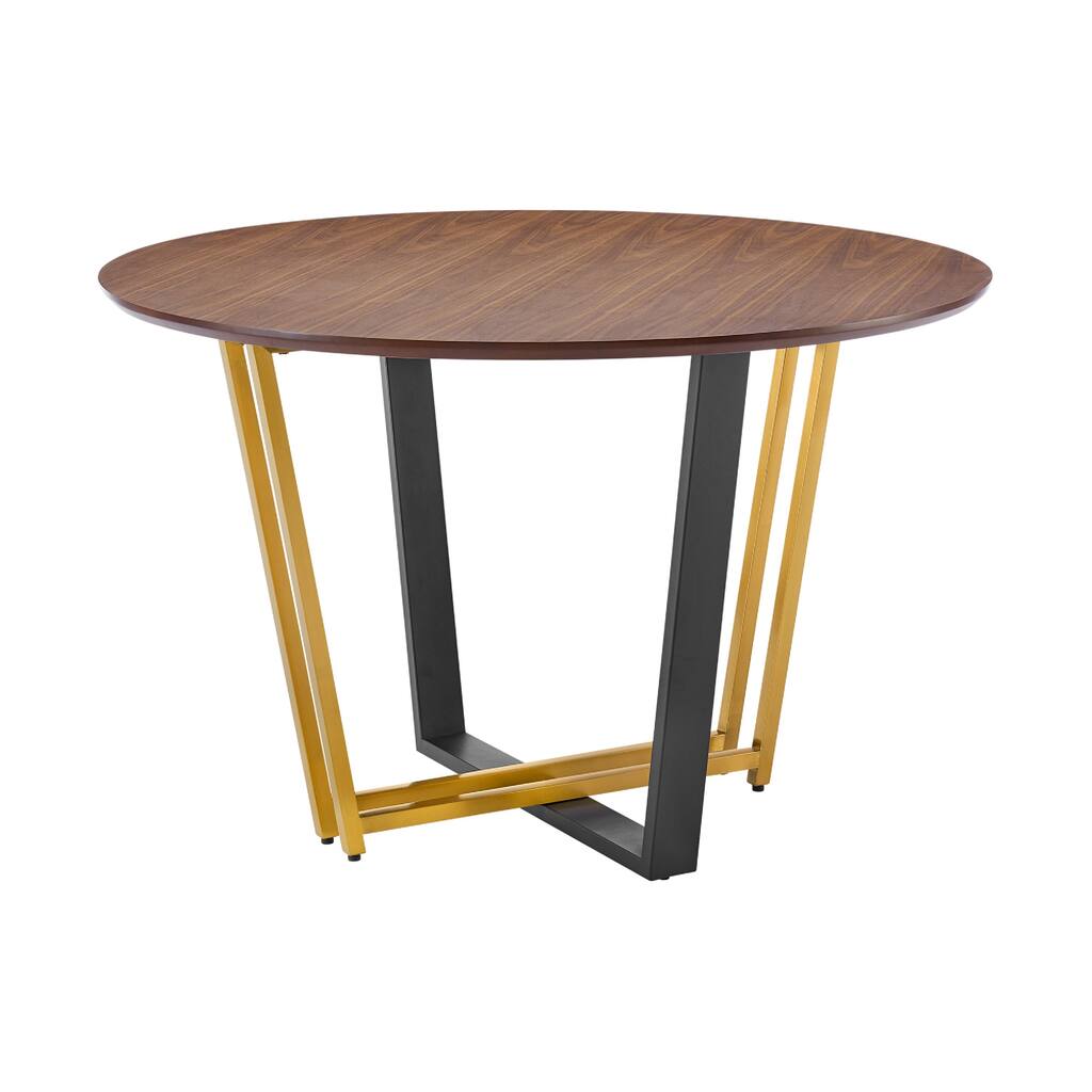 Leyne 48 Inch Round Dining Table, Gold Steel and Black Iron, Walnut Veneer - Walnut Brown, Black, Gold