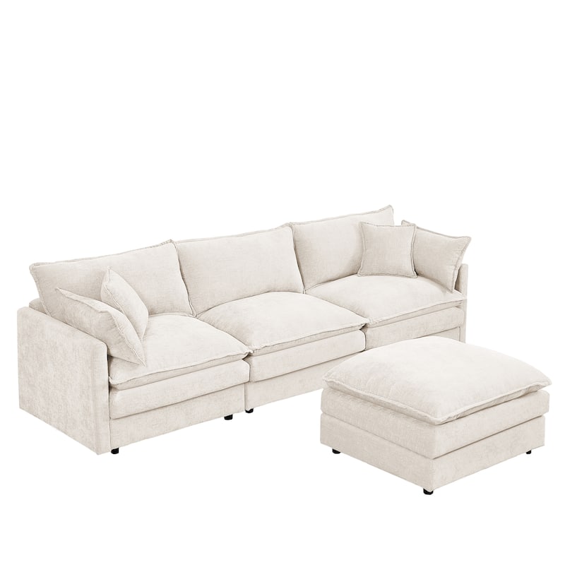 L Shaped Modular Sectional Sofa with Ottoman, Comfy Chenille Upholstered Cloud Couch, 4-Seat Deep Seat Sofa with Pillow