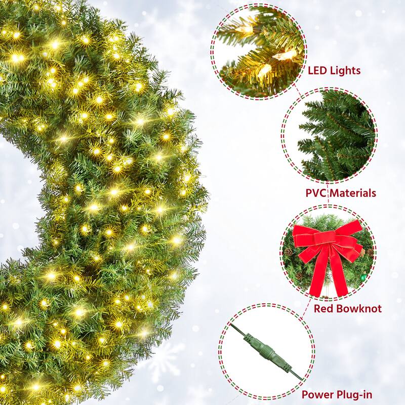 Yaheetech 60in Pre-lit Christmas Wreath Holiday Decoration with 300 LED Lights & 1026 Tips - 5ft