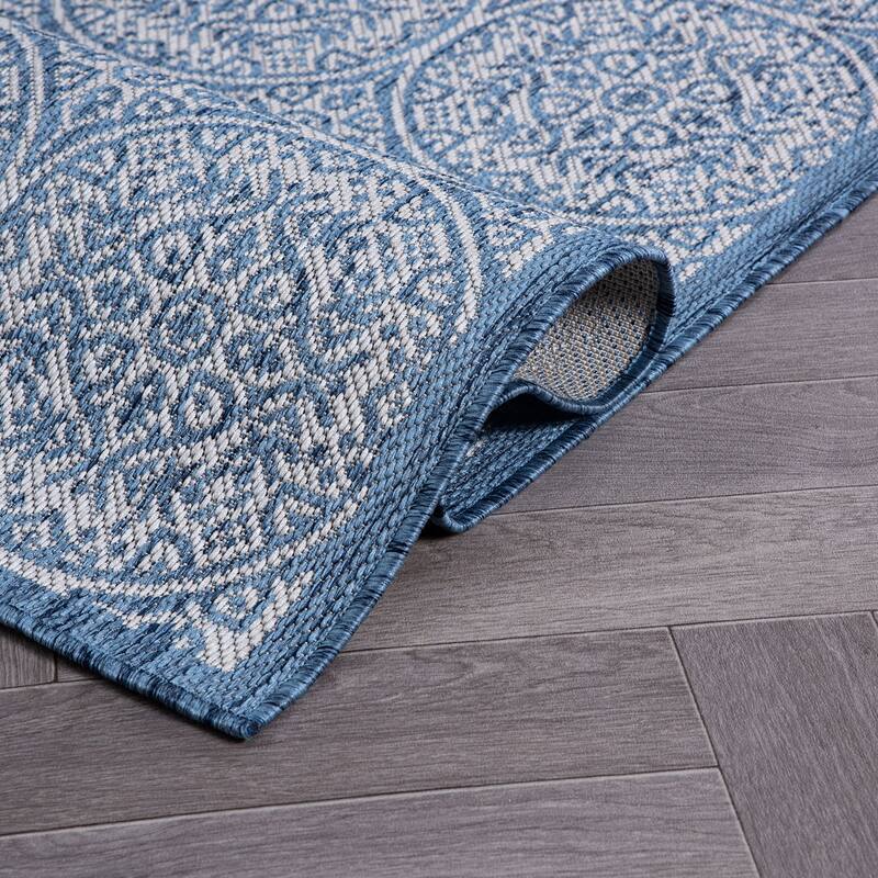 World Rug Gallery Transitional Floral Circles Textured Flat Weave Indoor/Outdoor Area Rug