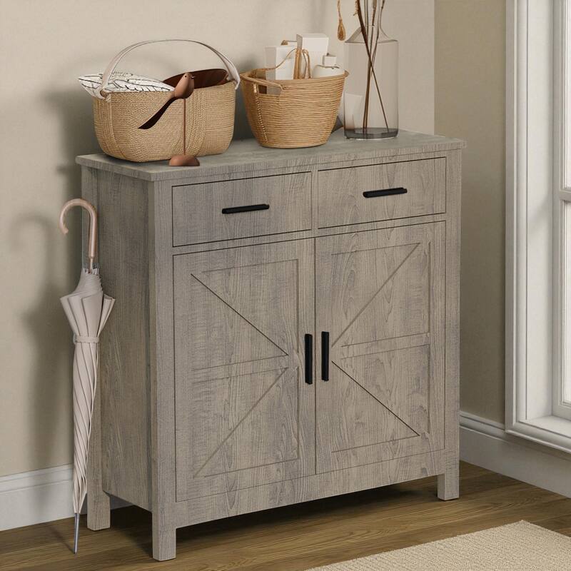 Modern Farmhouse Buffet Cabinet with 2 Drawers and 2 Doors, Kitchen Sideboard Coffee Bar Storage Cabinet - Grey