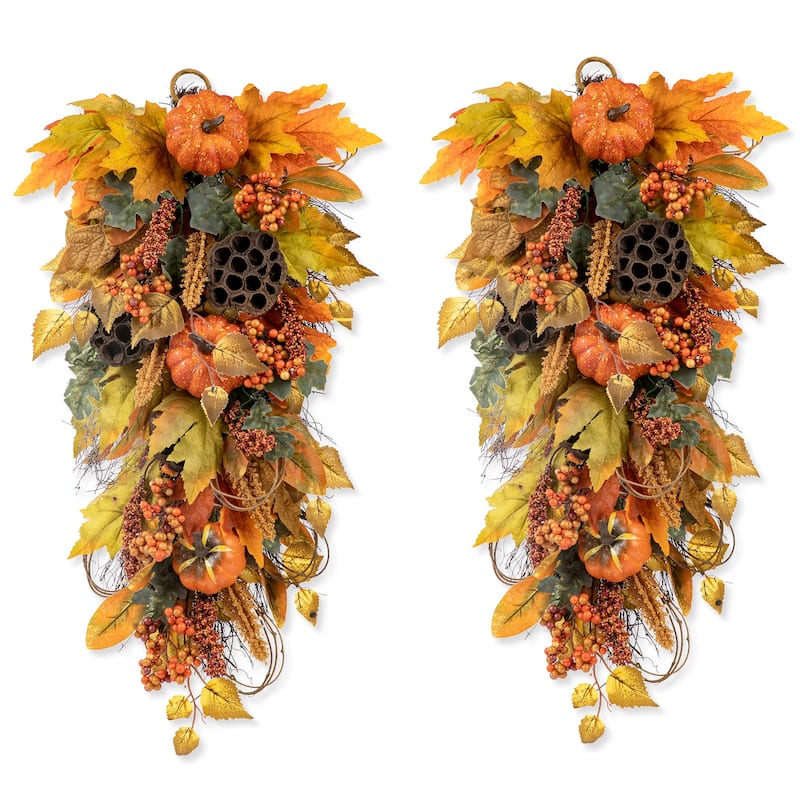 Glitzhome 25"H Fall Pumpkin Lotus Leaf Swag Wreath Thanksgiving Door Decor - 2-Piece Swags