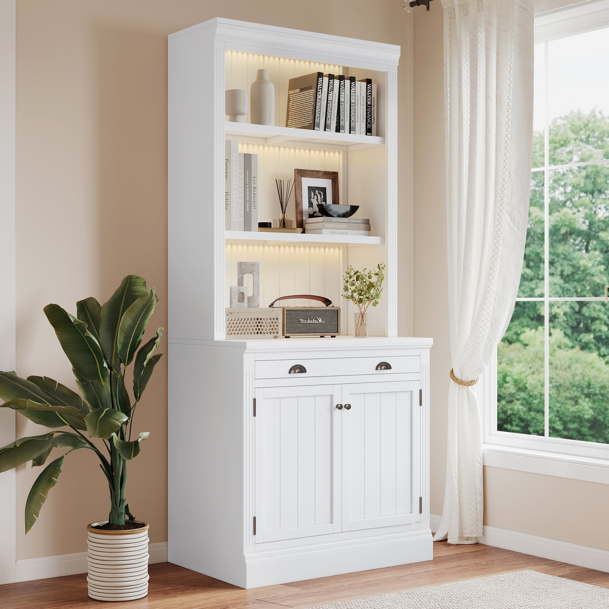 Merax LED-Lit Modern Tall Bookcase with Adjustable Shelves, Drawer