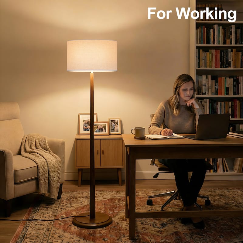 61" Walnut Wood Floor Lamp with Linen Drum Shade, Standing Lamp with Foot Step ON/OFF Switch (Bulb Not Included)