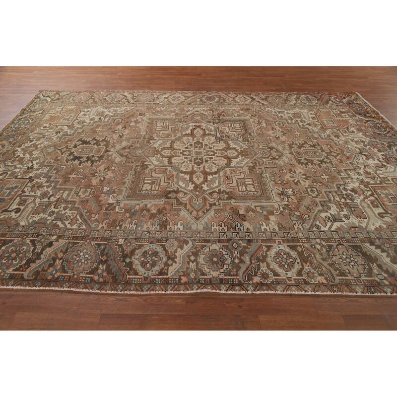 Geometric Heriz Vintage Persian Area Rug Hand-Knotted Wool Carpet - 8'0" x 10'9"