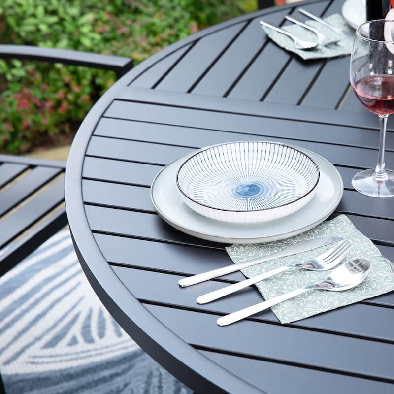 MAISON ARTS 7 Pieces Outdoor Dining Set for 6, Large Round Dining Table with Umbrella Hole & Stackable Metal Chairs