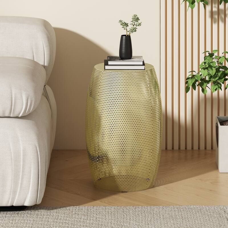 12" Modern Round Side Table with Openwork Design for Living Room or Bedroom - Gold