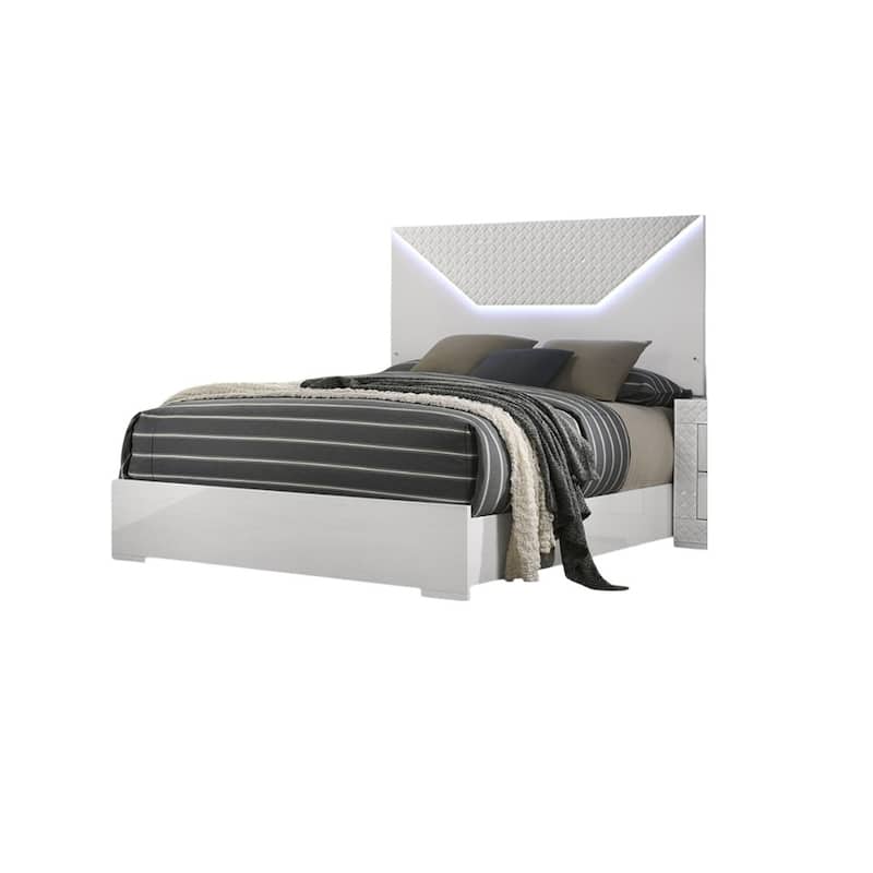 Queen Size Engineered Wood LED Panel Bed with High Gloss Finish and Unique Design Headboard