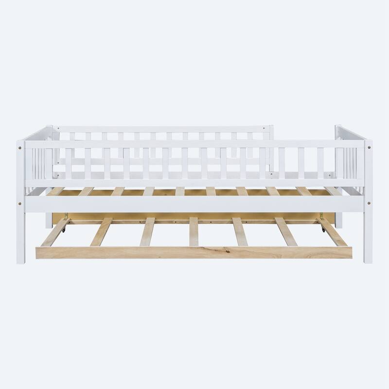 Twin Size Wood Daybed with Trundle and Fence Guardrails