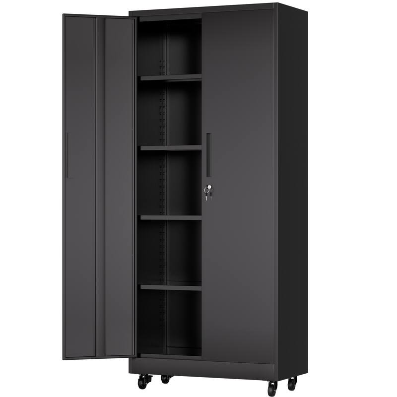 71"H Metal Garage Storage Cabinet with Wheels and Lock, 4 Adjustable Shelves (180lb Each), 3-Point Locking Security