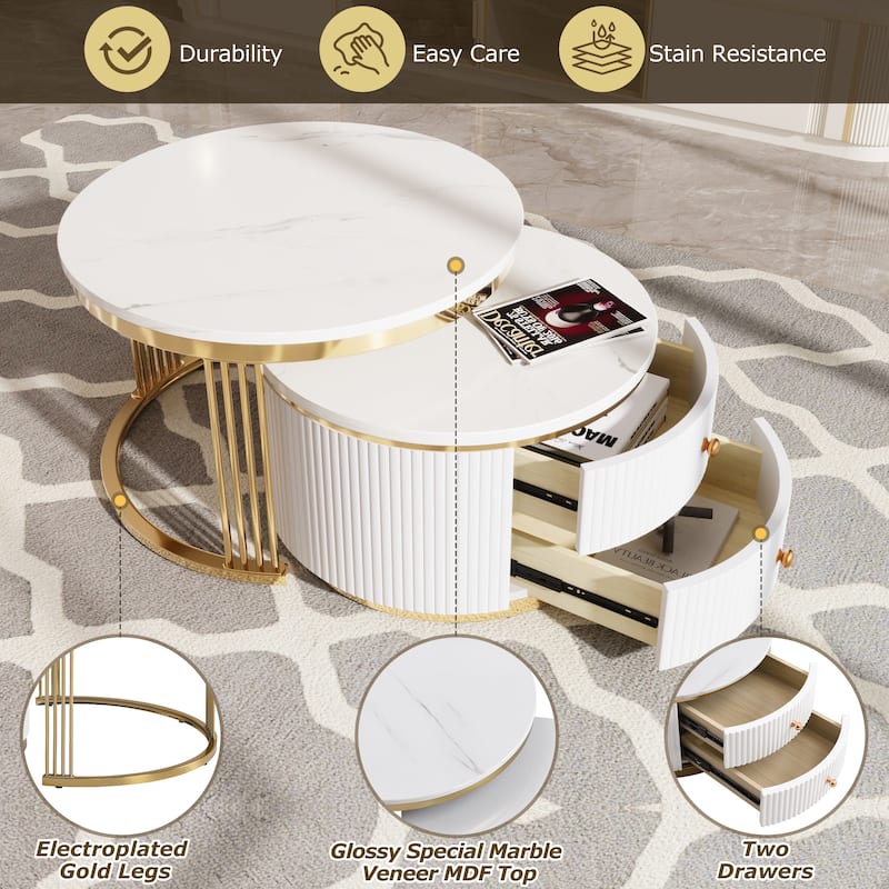 Modern 2 Pieces White Round Nesting Coffee Table