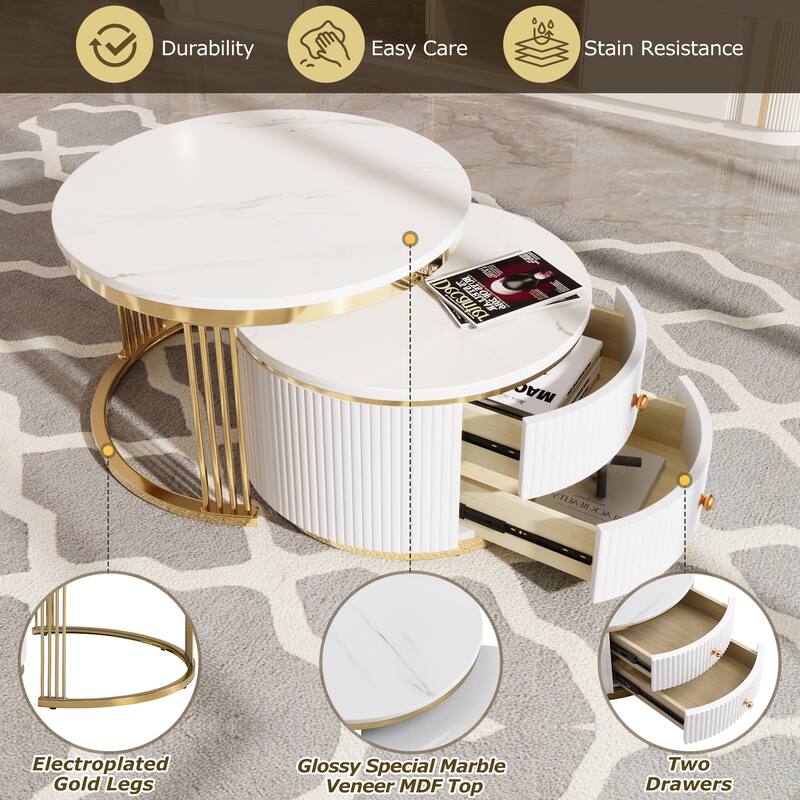 Roomfitters Modern 2-Piece White Round Nesting Coffee Table Set with Gold Base and Storage Drawers 27.6"