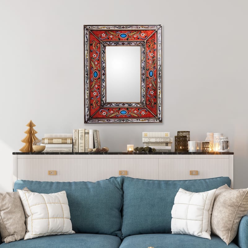 NOVICA Cajamarca Handmade Red Rectangular Floral Baroque Wall Mirror