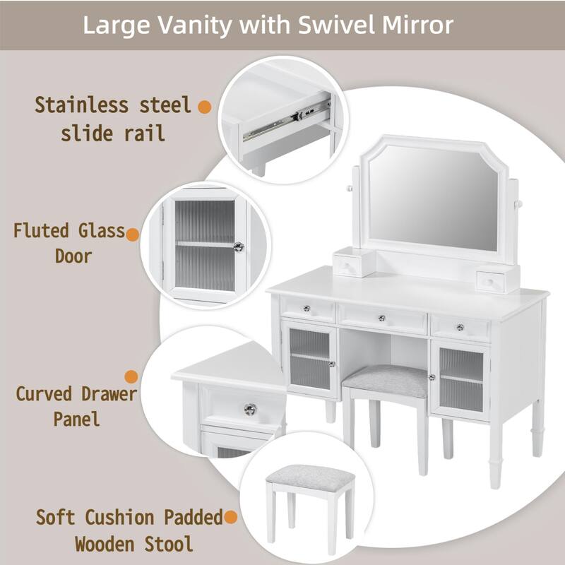 Vanity Desk with Large Adjustable Mirror, Large Wooden Dressing Table Set, Makeup Table with Fluted Door Glass & 5 Drawers