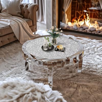 Mirrored Glass Coffee Table with Crystal Diamonds Surface Mirror Beveled Side Table