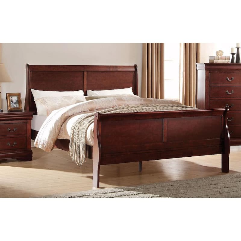 Queen Size Transitional Solid Wood Bed with Veneers and Brass Hardware