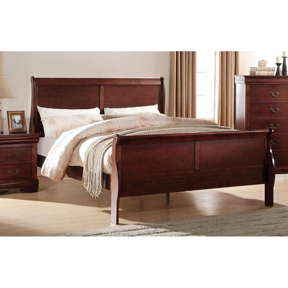 Queen Size Transitional Style Solid Wood Platform Bed with Hand Selected Veneers and Antique Brass Hardware