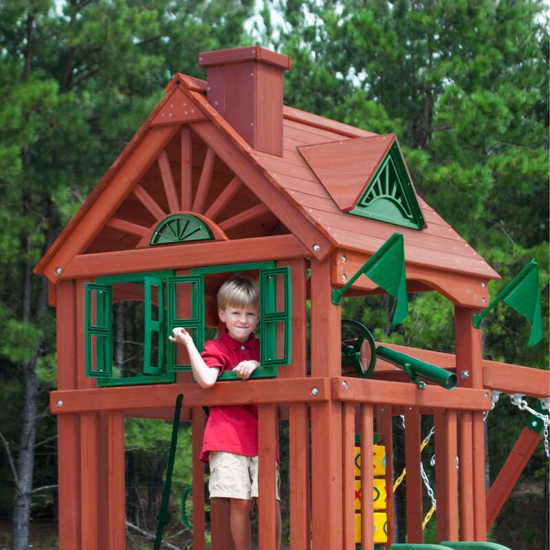 Gorilla Playsets Nantucket II Wood Swing Set with Wave Slide - Redwood - 15.5 ft W x 13 ft D x 10.5 ft H