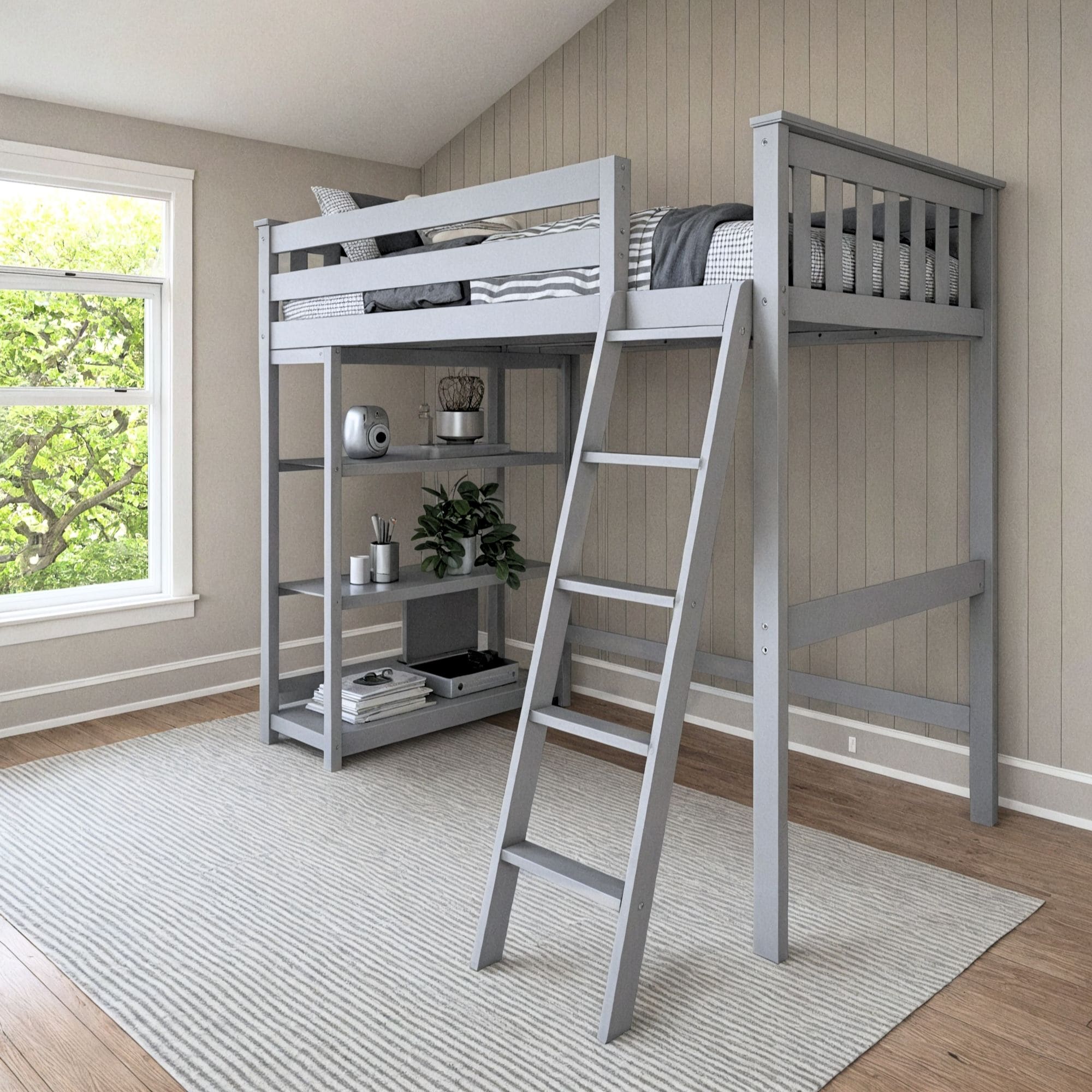 Twin High Loft Bed with Bookcase and Ladder