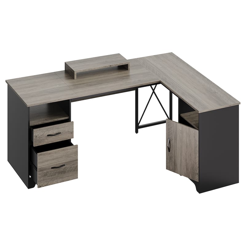 63'' L Shaped Home Office Desk with File&Storage Drawers and Cabinet, Computer Desk with Monitor Stand and Open Compartments