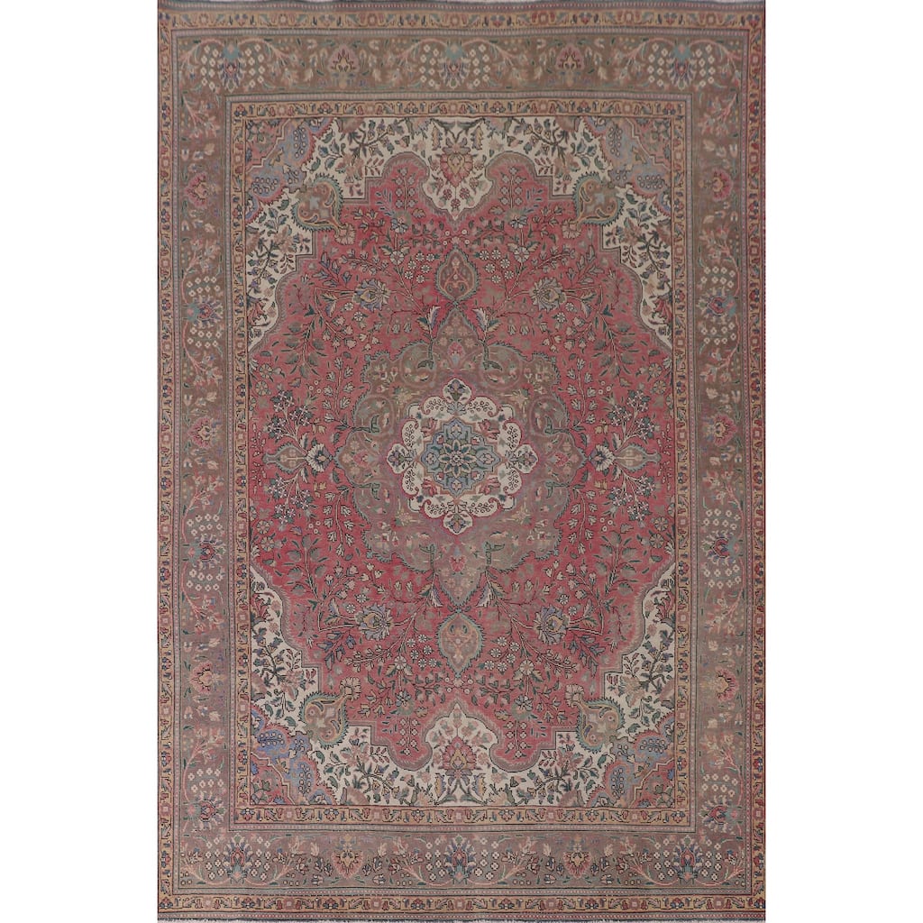 Pink Floral Tabriz Persian Vintage Area Rug Hand-Knotted Wool Carpet - 8'5"x 11'5"