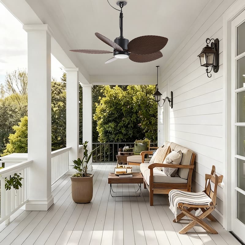 42" Farmhouse Black Waterproof Outdoor Gazebo LED Ceiling Fan with Light, Hook Downrod and Tropical Palm Leaf - 42"Wx13.7"H