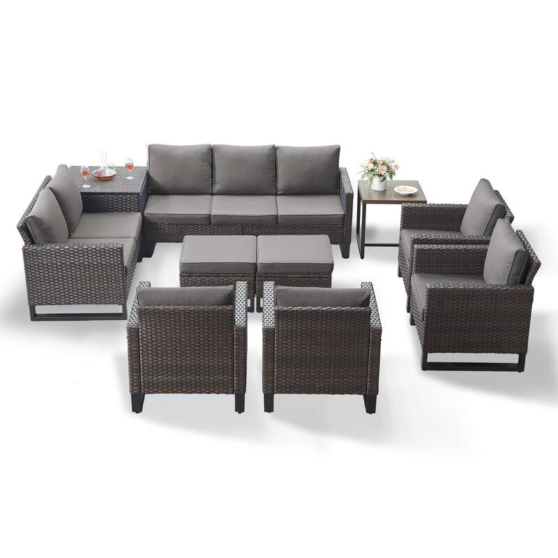 Gymojoy 9-11 Person All-Weather Wicker Outdoor Conversation Set Seating Group With lounge Chairs And Ottomans