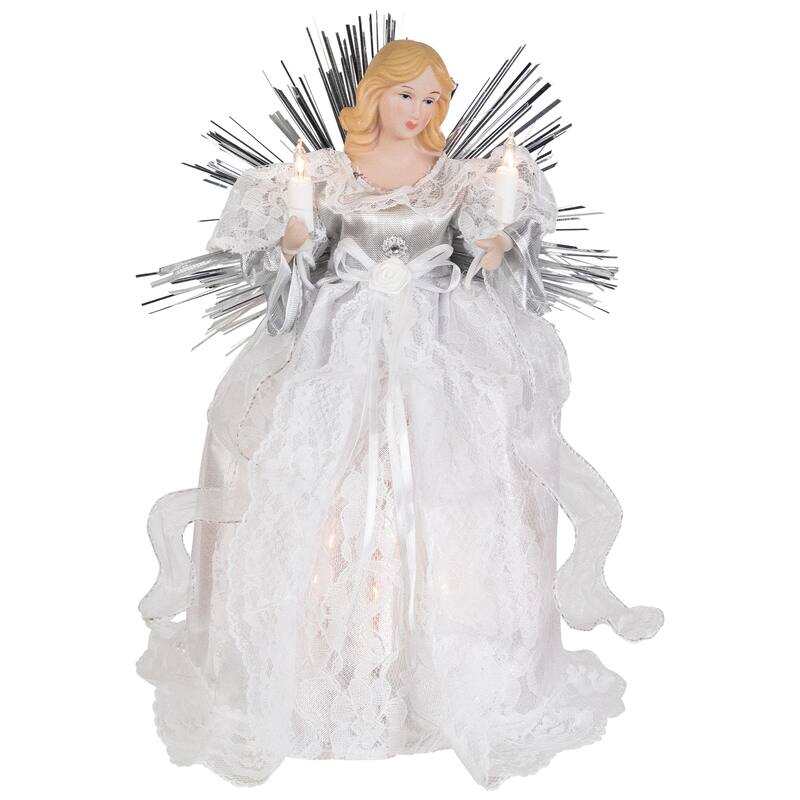 Lighted Angel with Candle Christmas Tree Topper - 10.5” - Silver - Clear Lights