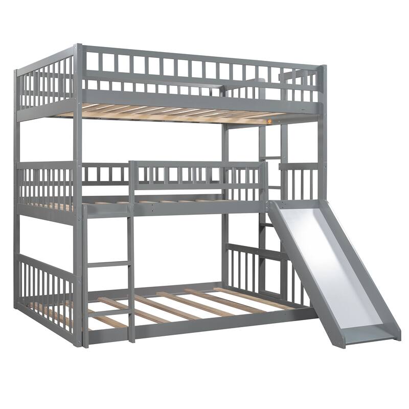 Full-Over-Full-Over-Full Triple Bed with Built-in Ladder and Slide , Triple Bunk Bed with Guardrails, Espresso - N/A