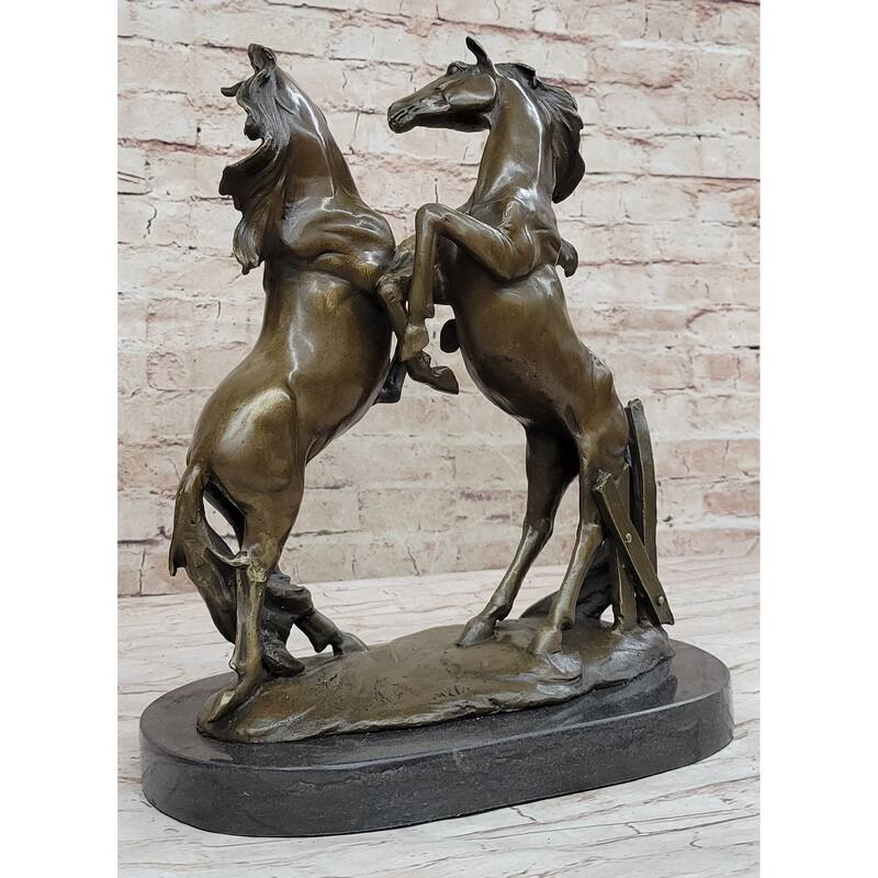 Dueling Stallion Imitative Horses Hot Cast Bronze Sculpture Statue Decor Original Art On Marble Base
